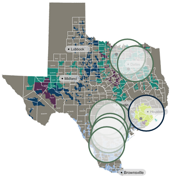 Map of Texas showing data center load and generation project locations